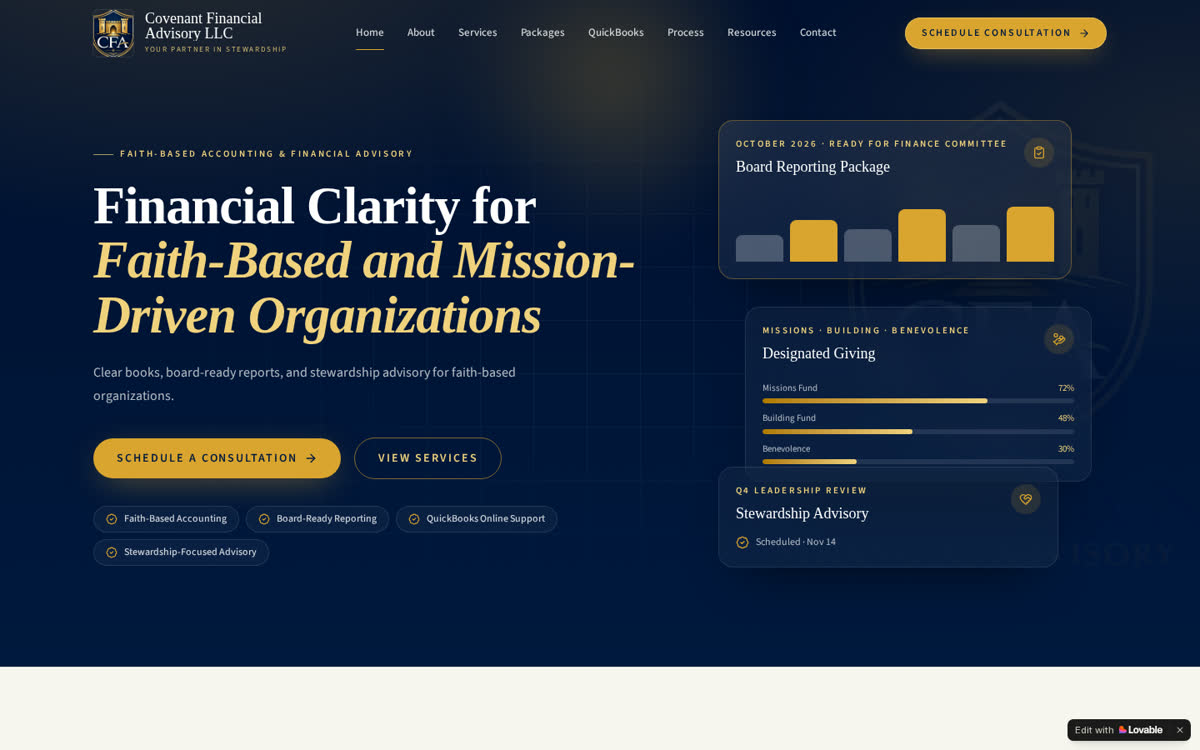 Covenant Financial Advisory website homepage